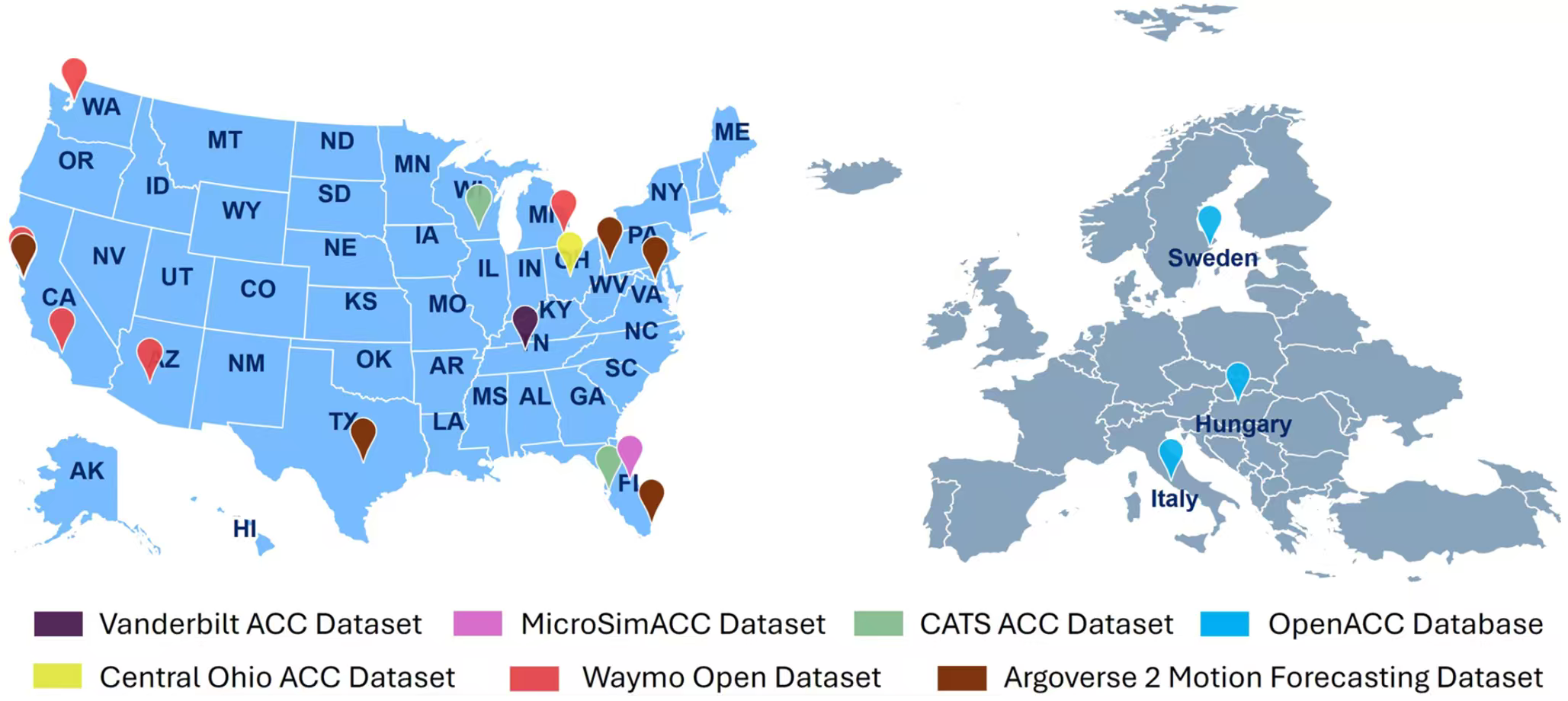 Geographic overview map of source datasets used by the Open-PAV dataset